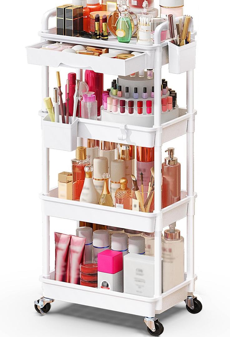Makeup Cart Organizer with Drawers, 4 Tier Floor Skincare Organizers for Vanity, Rolling Makeup Bathroom Storage Cart Cosmetics Display Cases for Skin Care Perfume Nail Polish, White