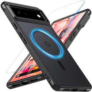 Upgraded Magnetic Shockproof Case for Google Pixel 6 with Screen Protector, [Compatible with MagSafe],12FT Military Grade Drop Protection Slim Translucent Matte Anti-Dirty Phone Cover,Black