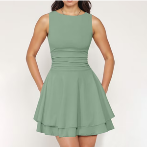 TACILIP Summer Dresses for Women, Women's Solid Ruffle Hem Neck Mini Dress Sleeveless Ruched Corset Short Party Dresses, Mini Dress, Medium