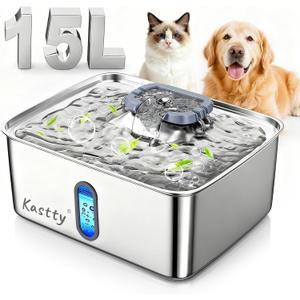 Kastty 3.96 Gal Dog Water Fountain for Large Dogs,15L Stainless Steel Large Pet Water Fountain, Ultra Quiet Automatic Dog Water Bowl Dispenser with Water Level Window and LED Light(FS78,Grey