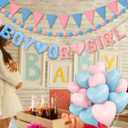 Gender Reveal Banner Set with Pre-Strung 3D Boy or Girl Felt Banner, Pom Pom Garland, Triangle Fabric Bunting, 12 PCS Pink Blue Heart Shaped Balloons, Baby Shower Decorations for Girls Boys Twins