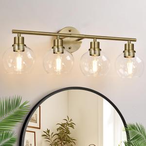 2024 Upgrade 4-Light Bathroom Light Fixtures, Brushed Brass Bathroom Lights Over Mirror with Clear Glass Globe Shade, Vanity Lights for Bathroom Kitchen Living Room Hallway Cabinet Bedroom Porch
