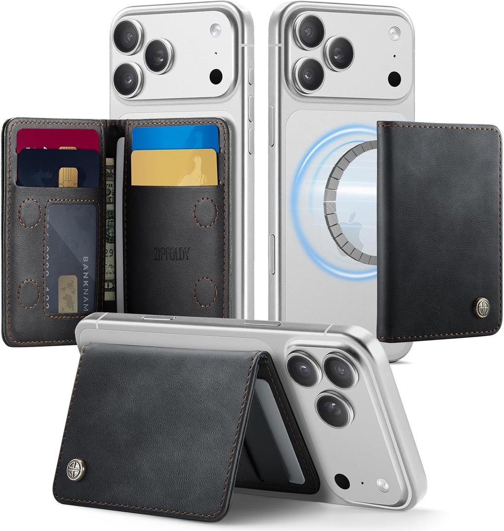 Slim PU Leather RFID Magnetic Wallet for Men and Women, Minimalist Magnet Card Holder Phone Wallet Compatible with Magsafe for Apple iPhone 17 16 15 14 13 12 Series, Retro Black