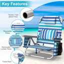 Suteck Beach Chair, Adjustable 5-Position Backpack Beach Chairs for Adults Kids, Foldable Lay Flat Chair with Cooler Bag, Cup Holder and Lumbar Pillow, Reclining Lay Down Chairs (1, Blue&White)