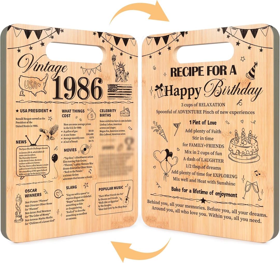 40th Birthday Gifts for Women Men, 40 Year Old Vintage 1986 Double Sided Cutting Board Present, Recipe for a Happy Birthday Cutting Board for Her Him