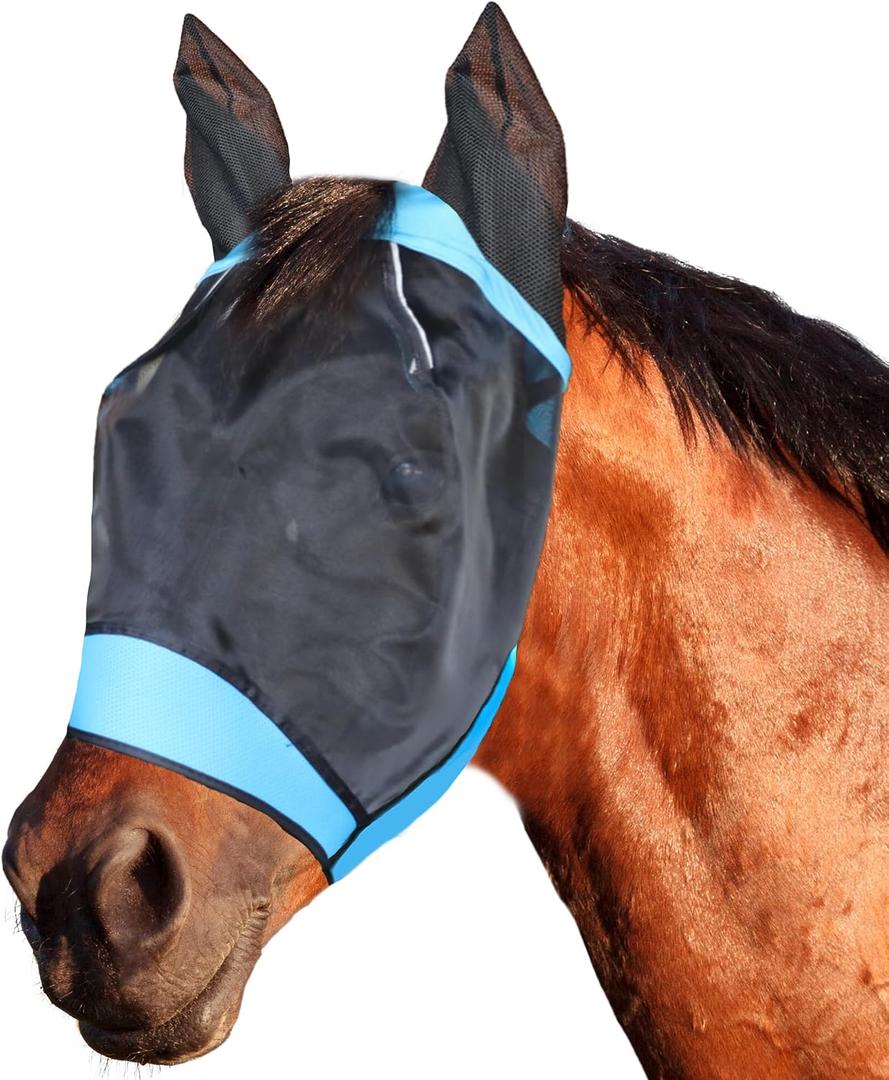 Fly Masks for Horses Equestrian Horse Supplies Horse Fly Mask with Ear Breathable Fine Mesh for Eye Protection from Insect Pests and UV Protection, Adjustable Fit for Comfort (Blue, Large)