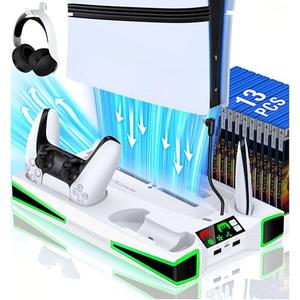 Cooling Station for PS5 / PS5 Slim Console, 3-Level Fan & RGB LED for PS5/ 2023 PS5 Slim Cooling Stand, with Controller Charger for PlayStation 5, Headset Holder, 3 Charging Ports, Accessories for PS5