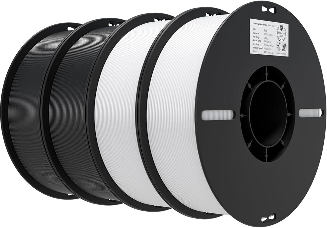 Creality 3D Printer Filament 1.75mm 4KG, PLA Filament Bulk +/- 0.02mm, 4 Pack 1kg Spool(2.2lbs) 3D Printing Filament Fits for Most FDM 3D Printers, White and Black