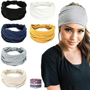 GILI 3 Pack Wide Headbands for Women Non Slip Soft Elastic Hair Bands Yoga Running Sports Workout Gym Head Wraps, Knotted Cotton Cloth African Turbans Bandana (with 4 Pcs Hair Ties)