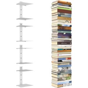 Invisible Floating Bookshelves for Wall, 8 Tier Vertical Spine Book Tower, Heavy Duty Floating Book Shelves Metal Book Organizers for Home Office, 4 Pack(White) (4PC-8 Tier)