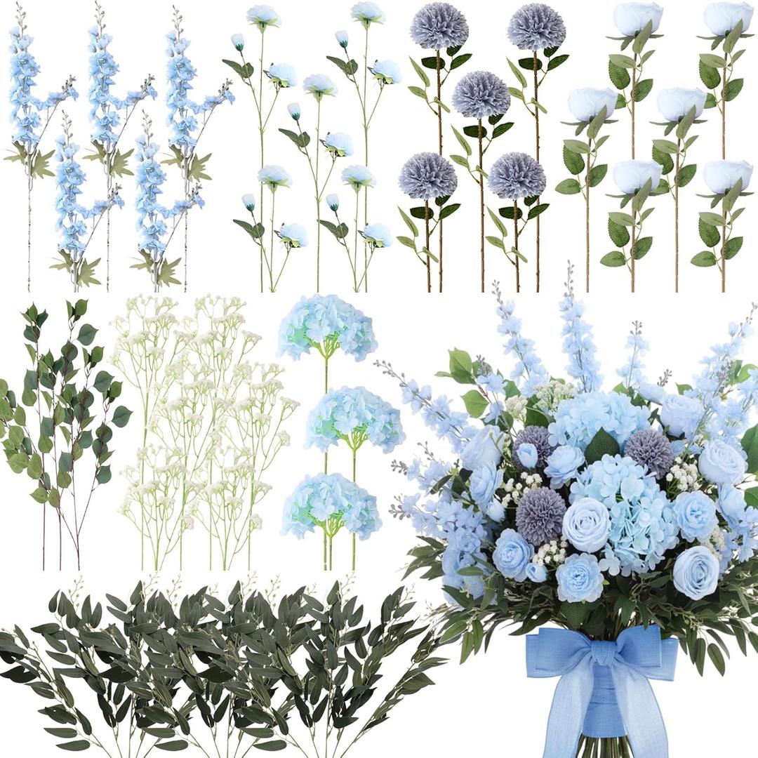 Suncalla 36 Pcs Blue Artificial Flowers Bouquet Set 8 Kind Faux Delphinium Rose Peony Chrysanthemum Hydrangea Baby's Breath Florals with Greenery Long Stem for Wedding Table Centerpiece Vase Decor