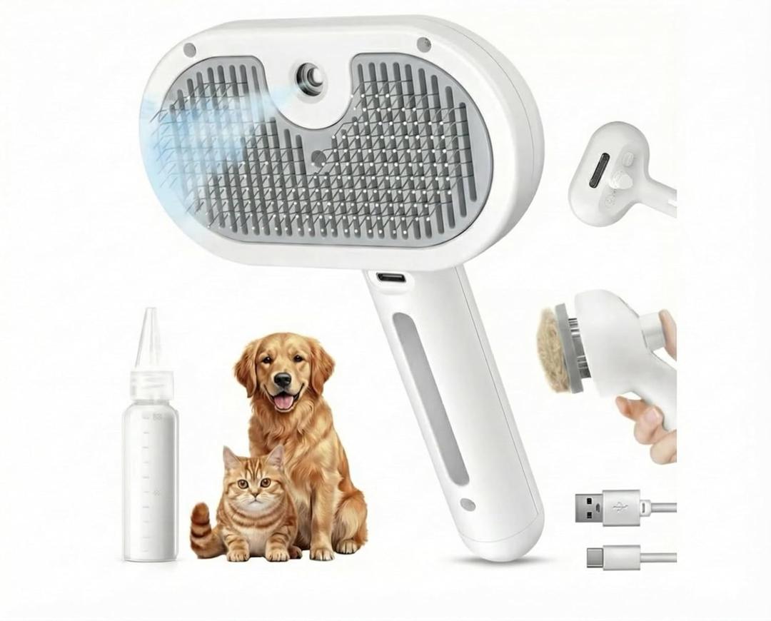 SHAZORY Pet Steam Brush for Dog & Cat - 3-in-1 Steam Grooming Brush for Shedding & Hair Removal - Self Cleaning Spray Comb with Mist for Long Haired Pets - Includes Water Refill Bottle (White)