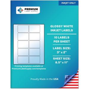 Premium Label Supply Glossy White Sticker Labels  3" x 2"  (10 per Sheet) (Glossy White for Inkjet Only, 250 Labels)