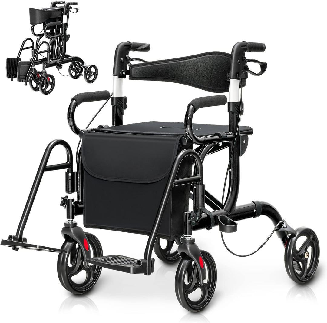 GOFLAME 2-in-1 Rollator Walker for Seniors, Folding Transport Chair with Seat, Reversible Backrest, Storage Bag, Height Adjustable Handle, Umbrella Holder & Pedal, 4 Wheel Mobility Walking Aid, Black