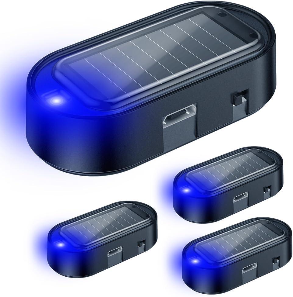 ELECTOP Car Solar Power Simulated Dummy Alarm, Anti-Theft LED Flashing Security Light Fake Car Alarm, Automotive Warning Interior Safety Light with USB Charging Port, Car Accessories (Blue Light, 4PCS)