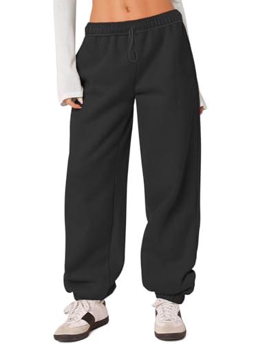 HeSaYep Women's Fleece Lined Sweatpants Thermal Winter High Waisted Sweat Pants Interior Drawstring Baggy Athletic Joggers Pants with Pockets Black L