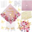 Ovveroche 63 Pcs Pink DIY Graduation Cap Decoration Kit, Grad Cap Topper with Paper Flowers, Bow, 3D Butterflies, Leave Pearl Letter Number Stickers for Personalized 2026 Grad Hat Decor