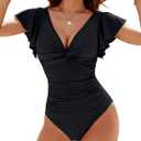 Blooming Jelly Womens Tummy Control Swimsuit V Neck One Piece Bathing Suits Slimming Lace-up Ruffle Swimwear (Small, Black)