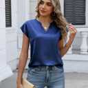 Zeagoo Women Tops Silk Satin Blouses V Neck Summer Shirts Cap Sleeve Business Casual Dressy Spring Clothing (Blue, XL)