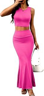 ELLEVEN 2 Piece Maxi Skirt Sets for Women - Sexy Summer Outfits Knit Bodycon Crop Tank Top and Mermaid Skirt Dress Set Size XL