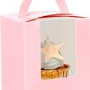 qiqee Pink Cupcake Boxes Individual 100 Packs Cupcake Holders Disposable Single Cupcake Boxes with Window 3.6" 3.6"*4.3" Cupcake Containers