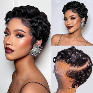 Short Curly Pixie Cut 13x4 Lace Front Wig Human Hair Wigs 13x4 HD Lace Frontal Wigs Short Layered Curly Glueless Wig Pre Plucked Deep Wave Pixie Cut Human Hair Wigs for Black Women, Natural Black