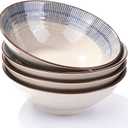 Ceramic Ramen Bowls Set of 4-7.3 Inch Large Soup Bowls for Pho, Udon & Noodle - 25oz Deep Serving Bowls with Blue Stripes & Speckled Texture, Microwave & Dishwasher Safe
