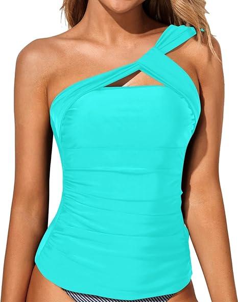 Tempt Me Women Tankini Top Swim Tops Ruched One Shoulder Bathing Suit Swimsuit Tops Only M