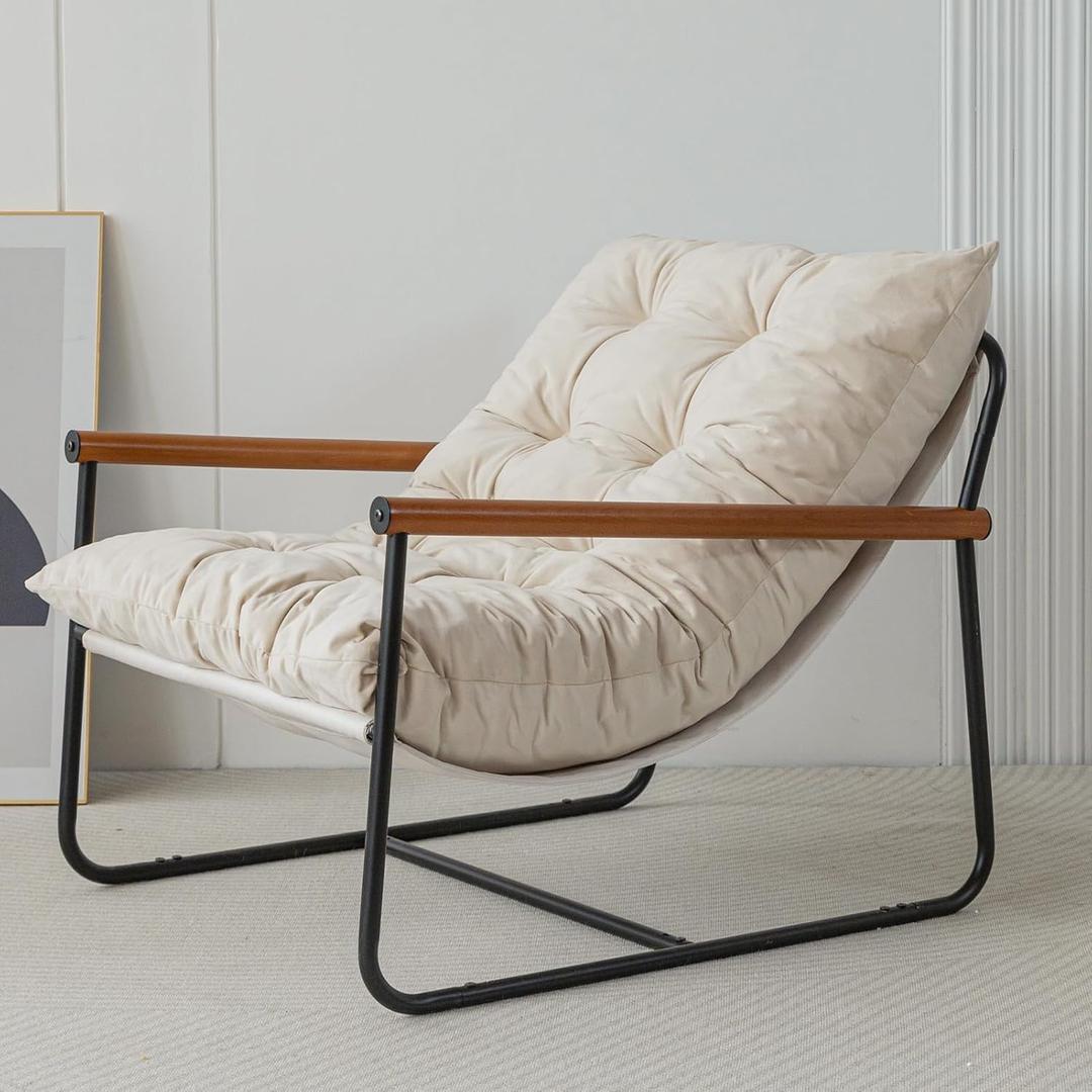 MAXYOYO Accent Chair, Velvet Arm Chair Living Room Chair with Metal Frame, Reading Accent Chair, Modern Bedroom Chair, Boucle Armchair with Wooden Arms, Beige (Standard)