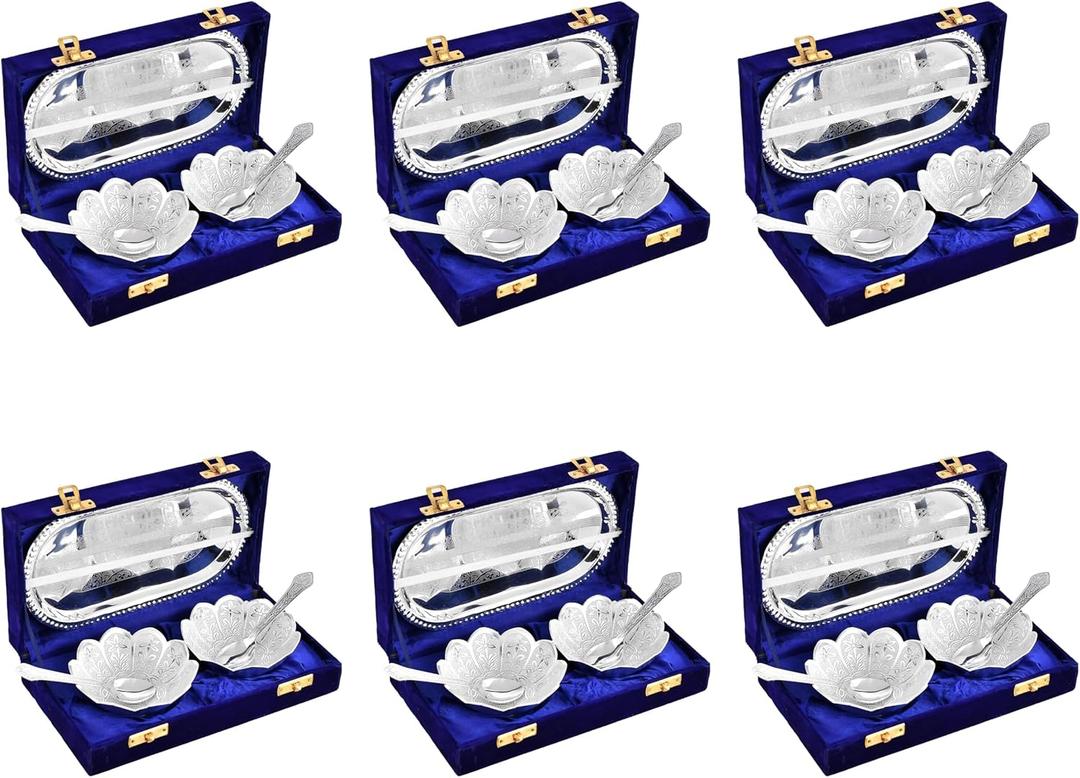 NOBILITY Silver Plated Bowl Spoon Tray Set Dessert Dry Fruits Serving Diwali Christmas Eid Wedding Return Gifts Friends Family Home Decoration Housewarming Corporate Gift items 6 Sets