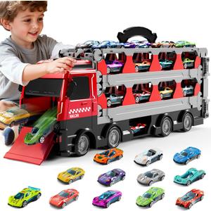 Carrier Truck Race Track Toddlers Toys, Toy Truck Transport Car with 12 Die-Cast Toy Cars, Truck Car Kids Toys Xmas Birthday Gifts for Age 3 4 5 6 7 8 Years Old Boys Girls (Red)