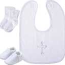 Hicarer 5 Pcs Baptism Gifts for Boys Girls Including White Embroidered Cross Bib Christening Shoes and Socks for Baby Infant