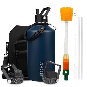 YONICOER Insulated Water Bottle 128oz,Triple Wall Vacuum Stainless Steel(Dishwasher Safe),Leak Proof & Non-BPA,Flask Jug with Paracord Handle & Straw Spout Lids Sports Navy Blue