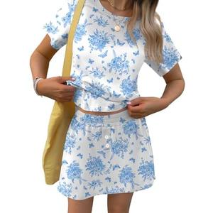 TCOT Pajamas for Women Set Summer Fashion Short Sleeve Crewneck Tops with Skirt Sets Pajama Casual Loungewear Size L