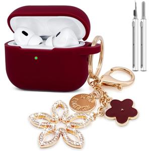 Compatible with AirPods Pro 2nd Generation Case with Cleaner Kit, Silicone Protective Case for Apple AirPod Pro 2nd/1st Earbuds Wireless Charging Cases with Bling Keychain (Burgundy Red)