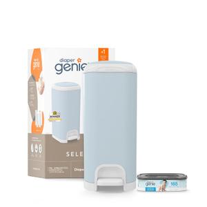 Diaper Genie Select Pail (Blue) is Made of Durable Stainless Steel and Includes 1 Starter Square Refill That can Hold up to 165 Newborn-Sized Diapers. Diaper Genie Select Pail (Blue) is Made of Durable Stainless Steel and Includes 1 Starter Square Refill That can Hold up to 165 Newborn-Sized Diapers.