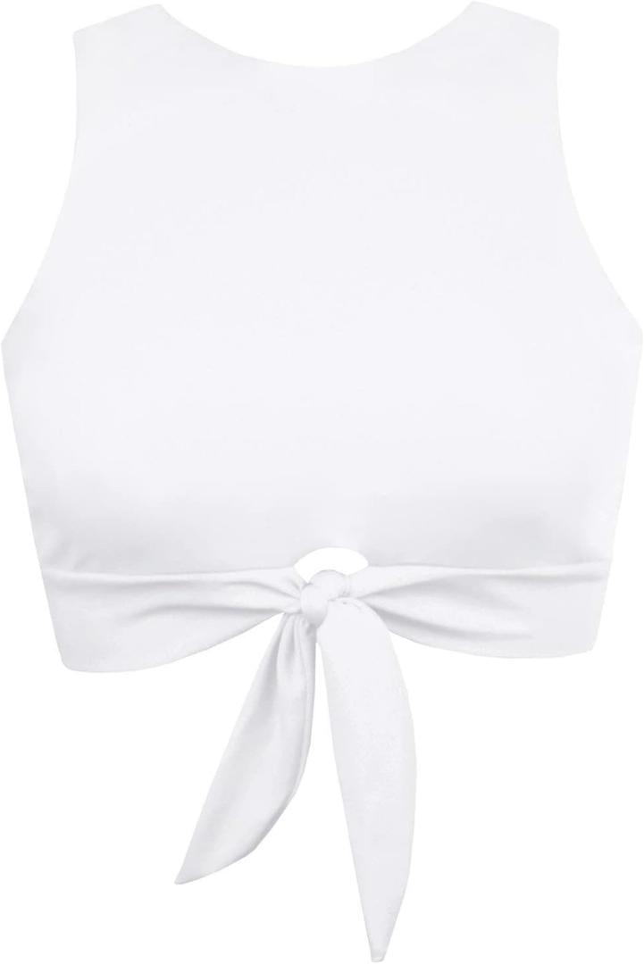 Women's Cut Out Tie Knot Front Scoop High Neck Tank Crop Top Bikini Swimsuit Top Only (Medium, White)