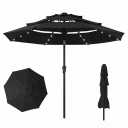 10ft 3-Tier Patio Umbrella with 32 Solar Powered LED Lights, Windproof Outdoor Market Umbrella for Deck, Poolside & Garden, Sturdy Push-Button Tilt Table Umbrella