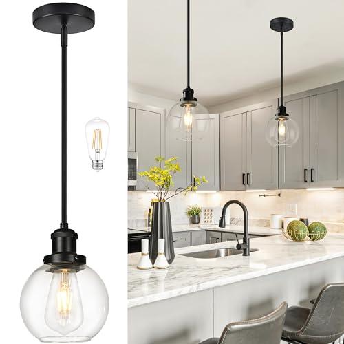 Bagood 6 Inch Black Mini Hanging Pendants Light Contemporary Globe Pendant Kitchen Island Modern Pendant Lights with Clear Glass Adjustable Hanging Light Fixture for Dining Room Bedroom (Bulb Incl.)