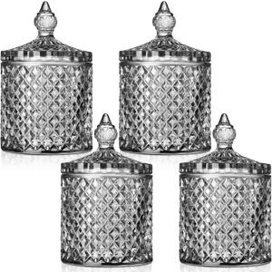Aoriher 4 Pcs Crystal Glass Candy Jar Set with Lids Home Decorative Storage Jars for Apothecary, Bathroom, Kitchen, and Pantry, Ideal for Cotton Swabs and Jewelry(Medium,Gray)