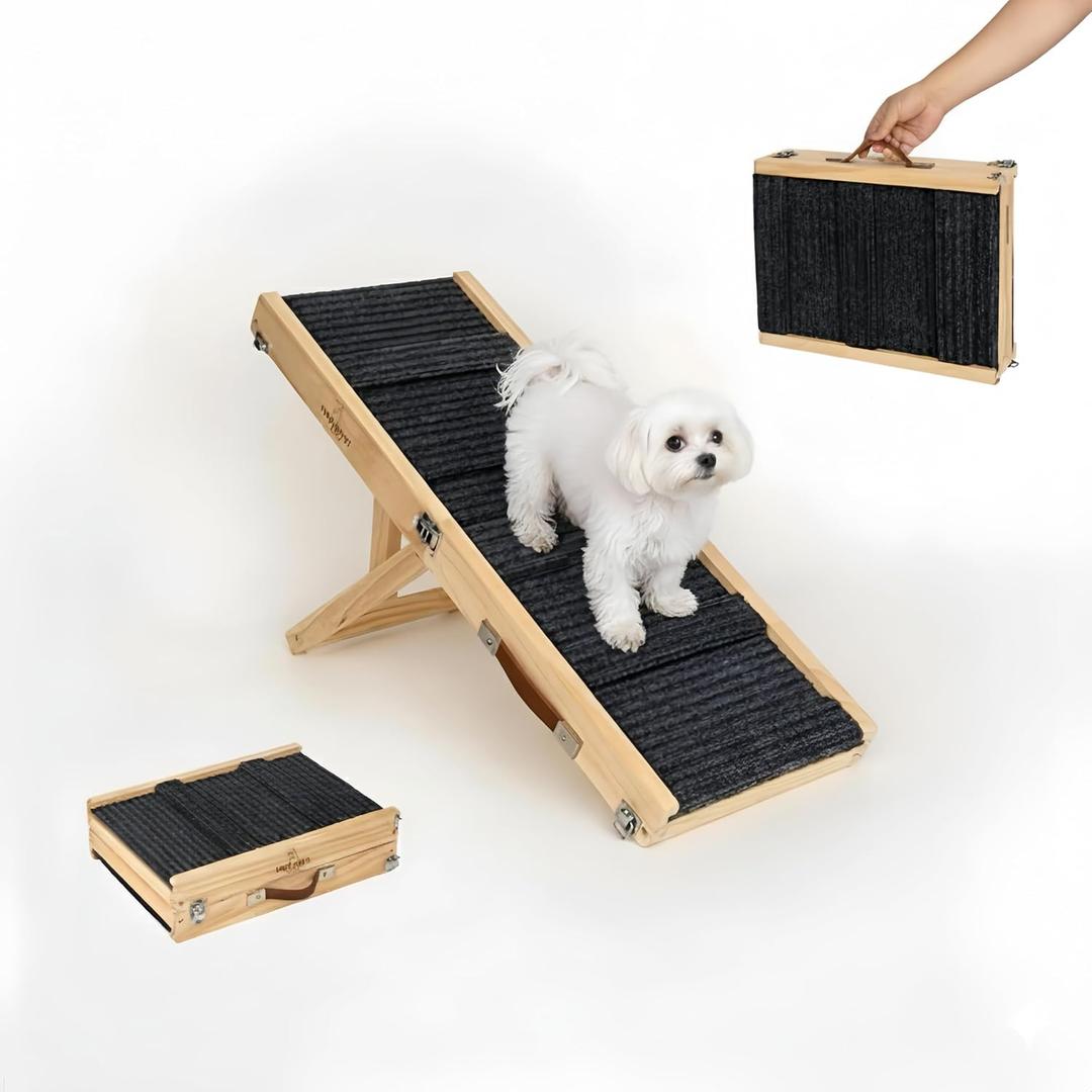 Small Dog Ramp for Bed and Couch Wooden Adjustable Pet Stairs for Dogs and Cats 31.6" Non Slip Foldable Ramp with 4 Height Settings 10"-17" for Puppies,Car, SUV Indoor Outdoor Use