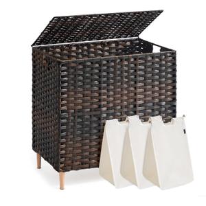 SONGMICS 3-Section Laundry Hamper with Lid, 42.2 Gal (160L) PE Rattan Laundry Basket with Removable Washable Liners, for Bedroom & Living Room, Chestnut Brown ULCB223ME01