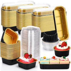 Rtteri 150 Pcs Mini Cake Pans with Lids Disposable Ramekins 6.8 oz 5 oz Aluminum Foil Cupcake Baking Cups, Rectangle Round Square Cupcake Liners Cake Tins for Flan Muffin Dessert Party Favors (Black)