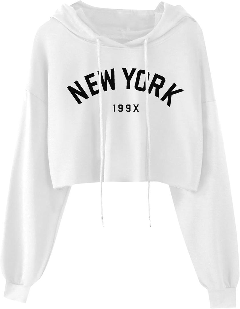 Hilinker Women's Graphic Cropped Hoodies Pullover Casual Cute Long Sleeve Workout Tops White NEW YORK Medium (White, M)