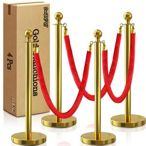 4 Pcs Gold Stanchions with Velvet Ropes with 3 Pcs 5 Ft Red Velvet Ropes Carpet Ropes Posts Stanchion Set for Crowd Control Barriers for Weddings, Events, Hotels, and Party Decor