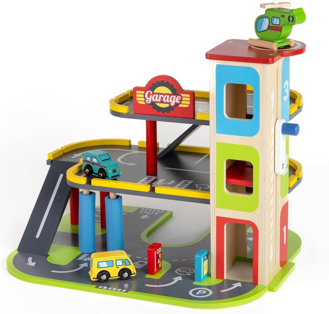 Jasey's Toy Chest Wooden Busy Wheels Garage Playset | 3-Level Wooden Garage with Elevator, Car Wash, Gas Station & Helipad + 2 Cars & 1 Helicopter | for Children Ages 3+, Child-size