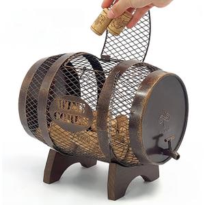 Rustic Metal Large Barrel Wine Cork Holder Display On Wooden Stand, Container for Display, Home Decor, Housewarming Gifts, Home Bar Decor, Wine Gifts, Engagement Gifts, Kitchen Decor, 11 inches x 8 inches x 9 inches