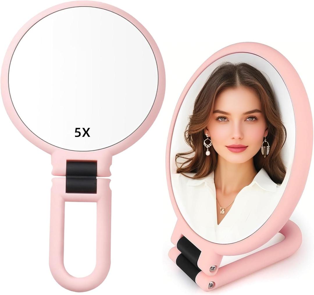 1X 5X Handheld Mirror with Handle for Travel Magnifying Mirror, Magnification, Rotation Adjustable Handle, Double Sided Folding, Mirror for Women for Eyes Makeup Travel Table Desk Shaving (Pink)