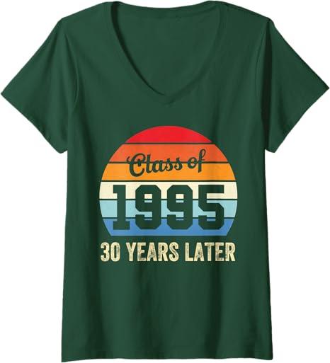 Womens Vintage Class Of 1995 30 Years Later Reunion 30th Graduation V-Neck T-Shirt (L, Green)