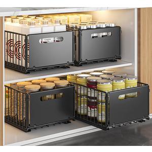 Pull Out Cabinet Organizer Slide Out Drawer Storage Shelves Cupboard Organiser Sliding Cabinet Basket for Kitchen No Drilling and Nailing (Black, 4Piece 9.8" W X15 D X 7.5" H)